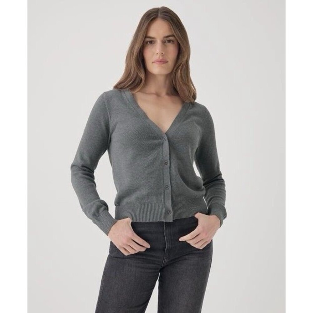 Pact Women's Classic V- Neck Fine Knit Cardigan Blue Heather Sweater SZ XS